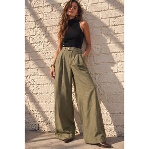 Vintage Studio 121 Olive Green Linen Wide Leg Trousers High Rise Pleated Pants 2